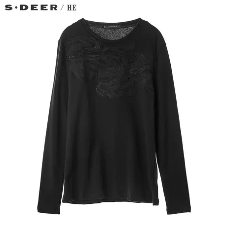 sdeerhe圣迪奥刺绣毛边造型贴布装饰长袖圆领针织衫T恤H16170213图片