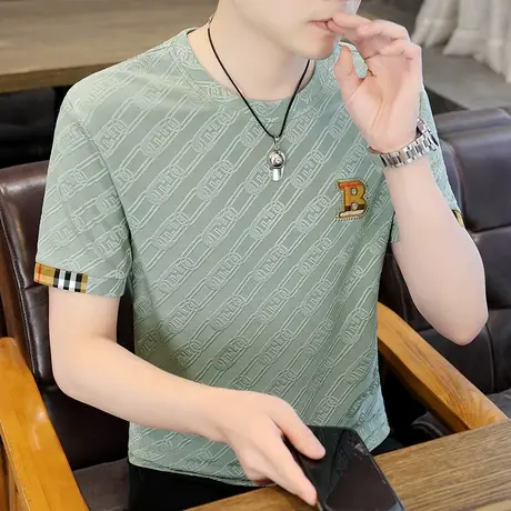 2025夏季新款男士冰丝短袖T恤衫半袖提花烫钻体恤夏季男装上衣服图片