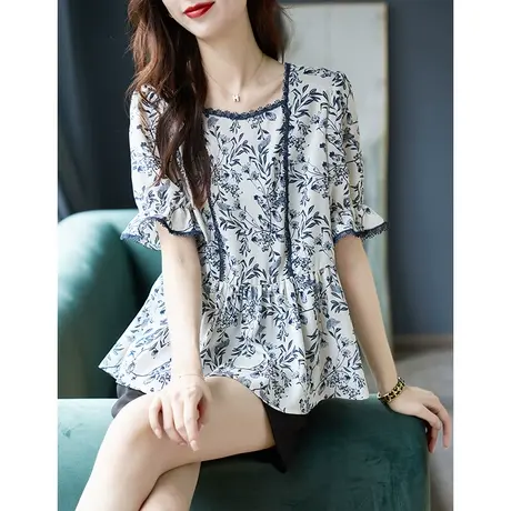 宝诗黎方领蕾丝拼接印花雪纺衫2025夏季新款短袖减龄小衫时尚上衣商品大图