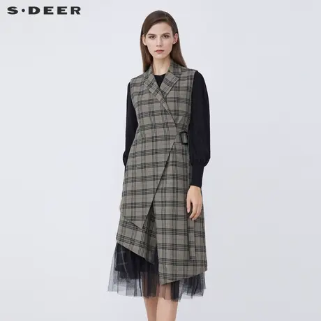 sdeer圣迪奥春秋装西装领格纹收腰不规则长款马甲S21361601图片