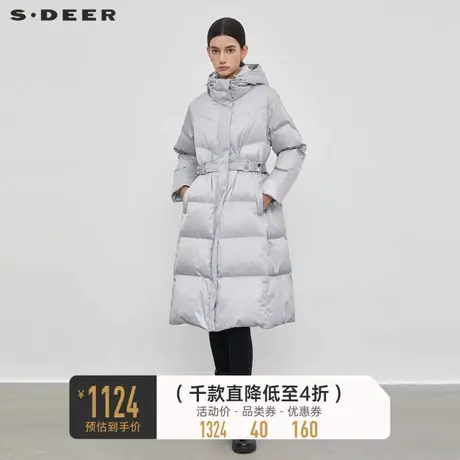 sdeer圣迪奥女装高领连帽收腰亮面长款羽绒服S23462404图片