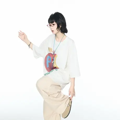 YEP夏季新款苹果印花短袖T恤女情侣款原创设计oversize宽松上衣潮图片