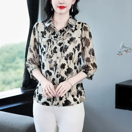 初秋新款印花雪纺衬衫女秋装时尚减龄洋气妈妈上衣七分袖女上衣商品大图