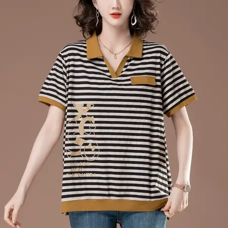 条纹短袖T恤女夏季新款宽松加肥加大码女装中年妈妈休闲翻领上衣图片