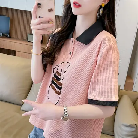 设计感小众polo领短袖t恤女2024新款夏季韩版宽松大码小个子上衣商品大图