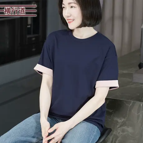 拼接圆领撞色短袖T恤宽松打底衫上衣服夏装2025新款女装半袖体恤图片