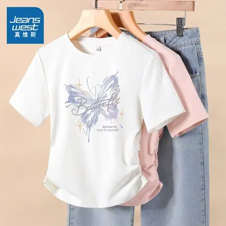 KMV真维斯白色紧身短袖t恤女2025新款夏新款抽褶正肩甜美短款上衣图片