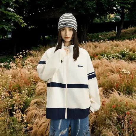 潮牌立领拼色外套女春秋2025新款宽松街头复古长袖情侣装夹克上衣图片