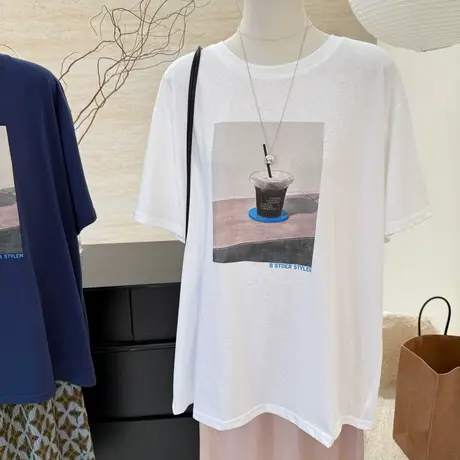 2025夏季新款韩版宽松大码字母印花百搭减龄雪花棉短袖T恤女上衣商品大图