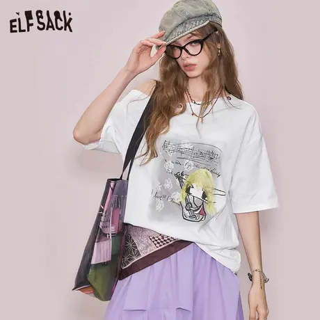 妖精的口袋白色印花露肩短袖t恤女2025年夏季新款休闲设计感上衣图片