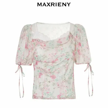【奥莱】MAXRIENY法式荡领真丝雪纺衫碎花上衣女图片
