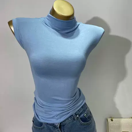 无袖T恤上衣女气质2021春夏季新款洋气修身半高领弹力打底背心潮商品大图