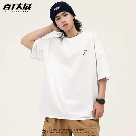 简约风猫咪hello短袖t恤女百搭落肩设计感韩版卡通宽松半袖上衣夏图片