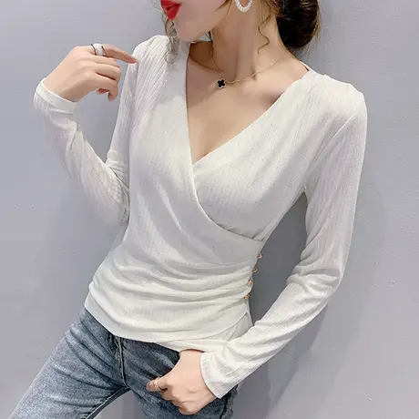 性感V领气质女装不规则T恤女长袖设计感洋气上衣百搭打底衫女春秋商品大图