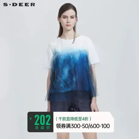 sdeer圣迪奥女装夏装文艺上衣设计感小众女扎染网纱短袖S21280168🥔商品大图