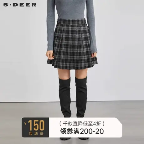 sdeer圣迪奥女装学院风格纹A字百褶短裙半身裙S223Z1325🕸图片