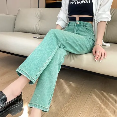 碧绿色直筒牛仔裤女2025夏季薄款高腰八九分小个子窄版法棍烟管裤商品大图