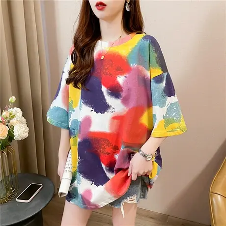 大码女装中长款短袖t恤女夏季2025新款遮屁股宽松慵懒风扎染上衣商品大图