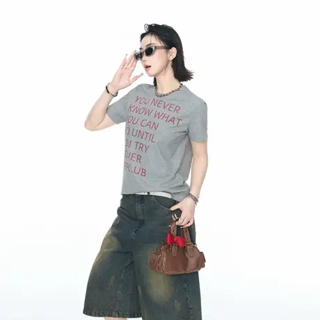 YEP2025夏季新款正肩修身短款创意印花T恤女潮牌辣妹风半袖上衣图片