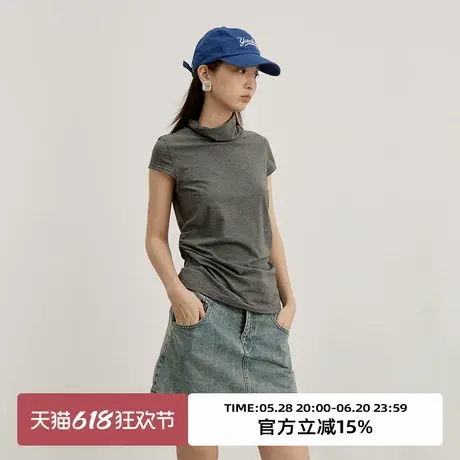 omont蛋挞家 复古百搭半高领短袖T恤春通勤修身显瘦外穿打底上衣商品大图