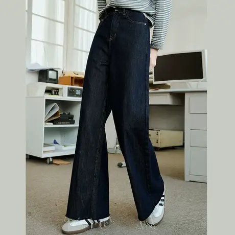 a02美式高腰复古风原色毛边阔腿裤2025夏季休闲宽松女式牛仔裤商品大图