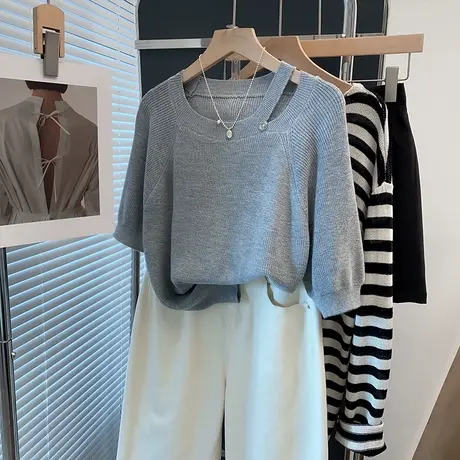 圆领挂脖针织衫女2025夏装新款内搭上衣外穿洋气插肩短袖t恤衫潮商品大图