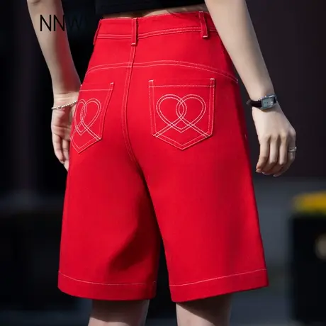 高腰大红色牛仔短裤女夏季薄款2025新款a字阔腿裤热裤五分裤中裤商品大图