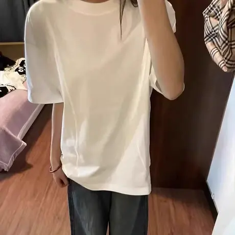 白色纯棉正肩短袖T恤女夏季韩版宽松内搭外穿打底衫休闲半袖上衣商品大图