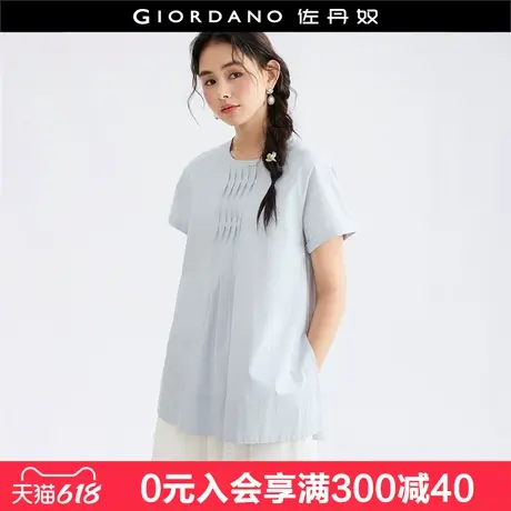 设计师款佐丹奴淡人穿搭纯棉波浪纹压褶宽松短袖衬衫女18345509图片