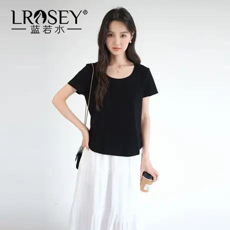 蓝若水大码女装2025夏季新品奥戴尔棉修身T恤微胖MM甜辣正肩上衣商品大图