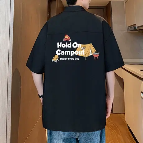 衬衫男新款2025夏季美式休闲冰丝宽松衬衣港风高街大码上衣服半袖商品大图