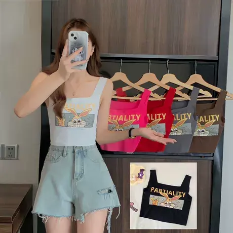 纯欲风性感辣妹冰丝无痕卡通印花吊带背心女带胸垫打底美背内衣薄商品大图