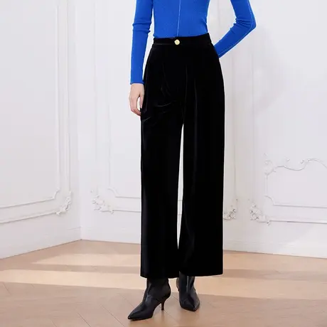 希区瑞普黑色丝绒直筒长裤女秋冬季加绒高腰窄版阔腿裤小个子垂感商品大图