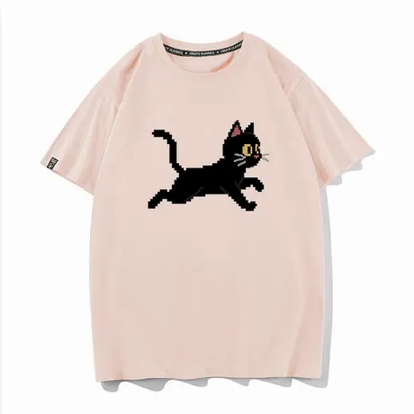 秀洛像素黑猫 卡通猫咪短袖t恤圆领流行宽松休闲男通勤打底情侣衫图片