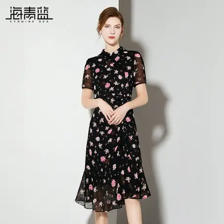 海青蓝 印花连衣裙短袖2025年新款女装中长款高级时尚气质度假裙商品大图