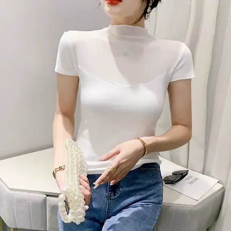 网纱拼接短袖T恤女夏季2024新款性感镂空小衫纯色百搭别致上衣女商品大图