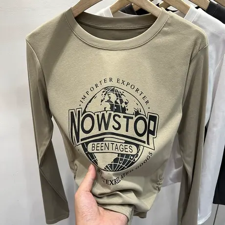 设计感地球字母印花褶皱长袖T恤女2023秋新款洋气体恤打底衫上衣图片