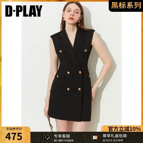 DPLAY黑标2023夏新OL经典黑气质翻驳领重工金属扣无袖西装连衣裙商品大图