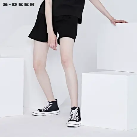 sdeer圣迪奥女装休闲复古腰带拼接直筒黑色短裤S20260908图片
