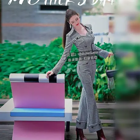 VJE春季欧美OL套装女新款时尚千鸟格西装显瘦喇叭裤两件套图片