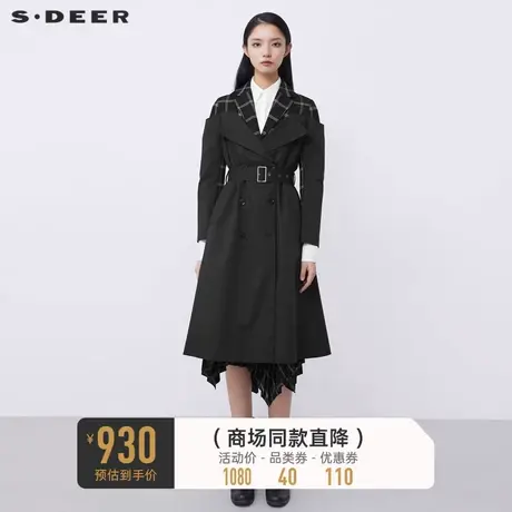 sdeer圣迪奥春秋装休闲西装领格纹拼接收腰风衣女S21381808图片