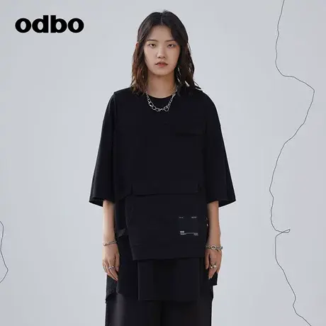 odbo/欧迪比欧工装中长款短袖t恤女2024新款街头潮酷时尚上衣百搭图片
