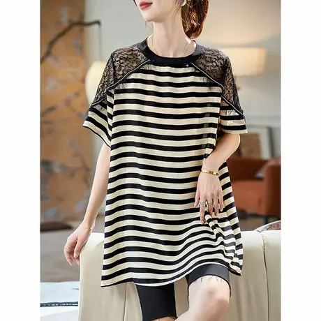 宝诗黎蕾丝镂空拼接条纹T恤女2025夏季韩版宽松洋气百搭短袖上衣图片