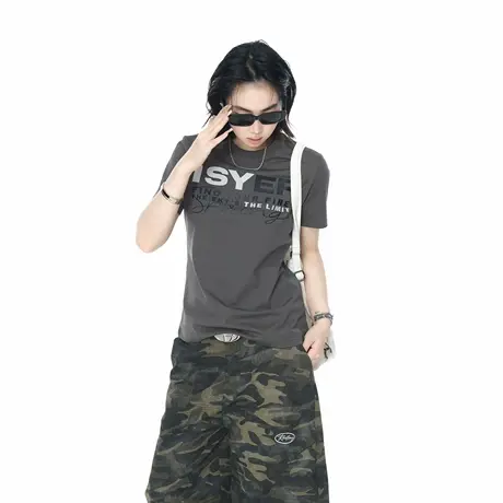 2025夏季正肩短款修身创意印花短袖T恤女美式辣妹ins风半袖上衣图片