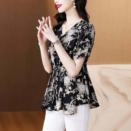 中长款雪纺衬衫女短袖夏装新款胖MM宽松显瘦遮肚子碎花短袖女上衣商品大图