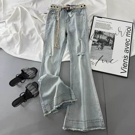 波西米亚风腰带破洞牛仔微喇裤女2025夏季新款高腰弹力修身喇叭裤商品大图