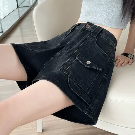 黑色高腰牛仔短裤女夏季薄款2025新款小个子宽松显瘦a字阔腿热裤商品大图