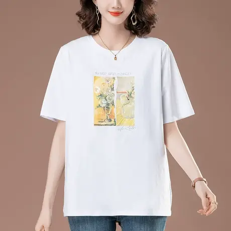 纯棉短袖T恤女夏季宽松加肥加大码女装中年妈妈减龄印花显瘦体恤图片