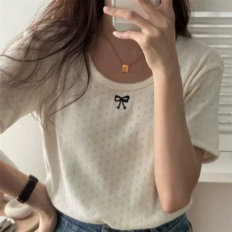韩国东大门夏季新款复古ins甜美花边蝴蝶结印花短袖t恤女tee上衣商品大图