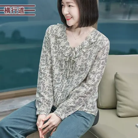 V领宽松长袖碎花上衣服法式花衬衫女装大码2025春装系带减龄衬衣商品大图